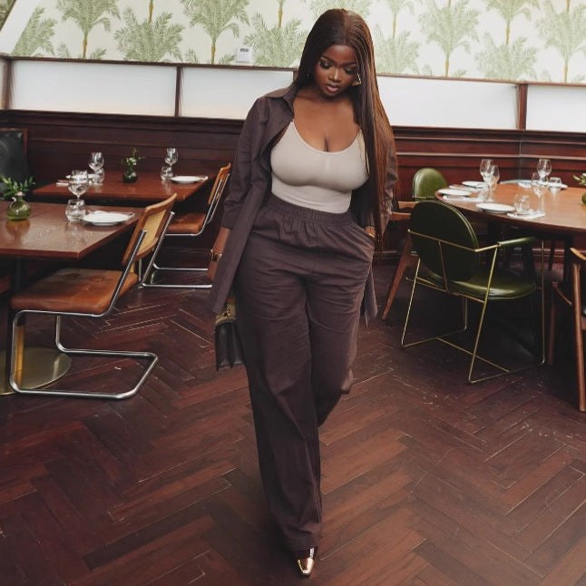 European and American large size casual high waist solid color long-sleeved cardigan shirt trousers African foreign style women's loose two-piece set women