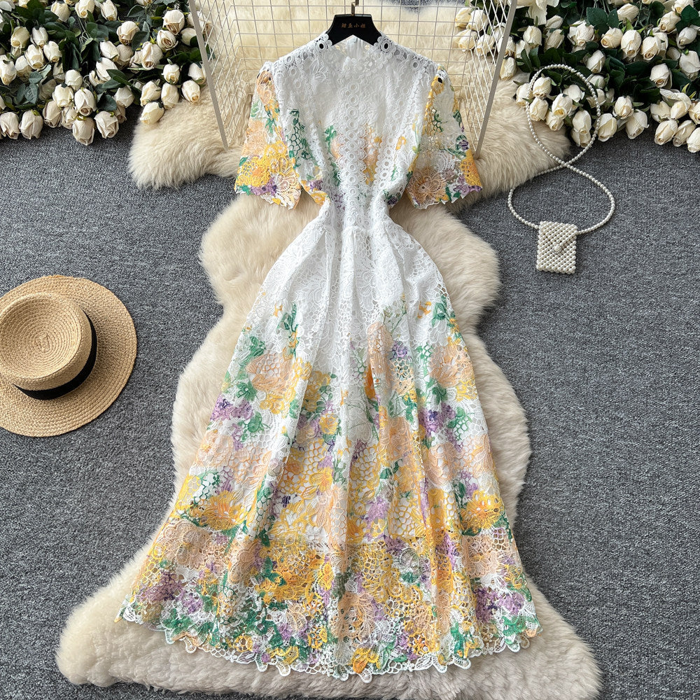Frenchretro socialiteclassy sense of heavy industrycut out water-soluble lacedress women's waist slimming lookelegant long skirt