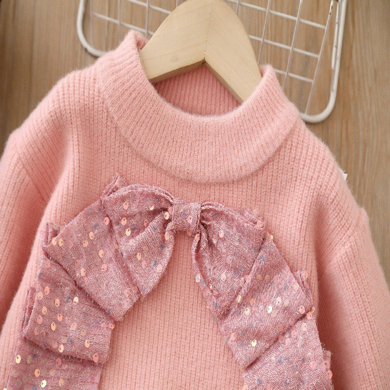 fall/winter new girls' sweater and tutu skirt set - handmade floral knit puffy skirt outfit for little girls