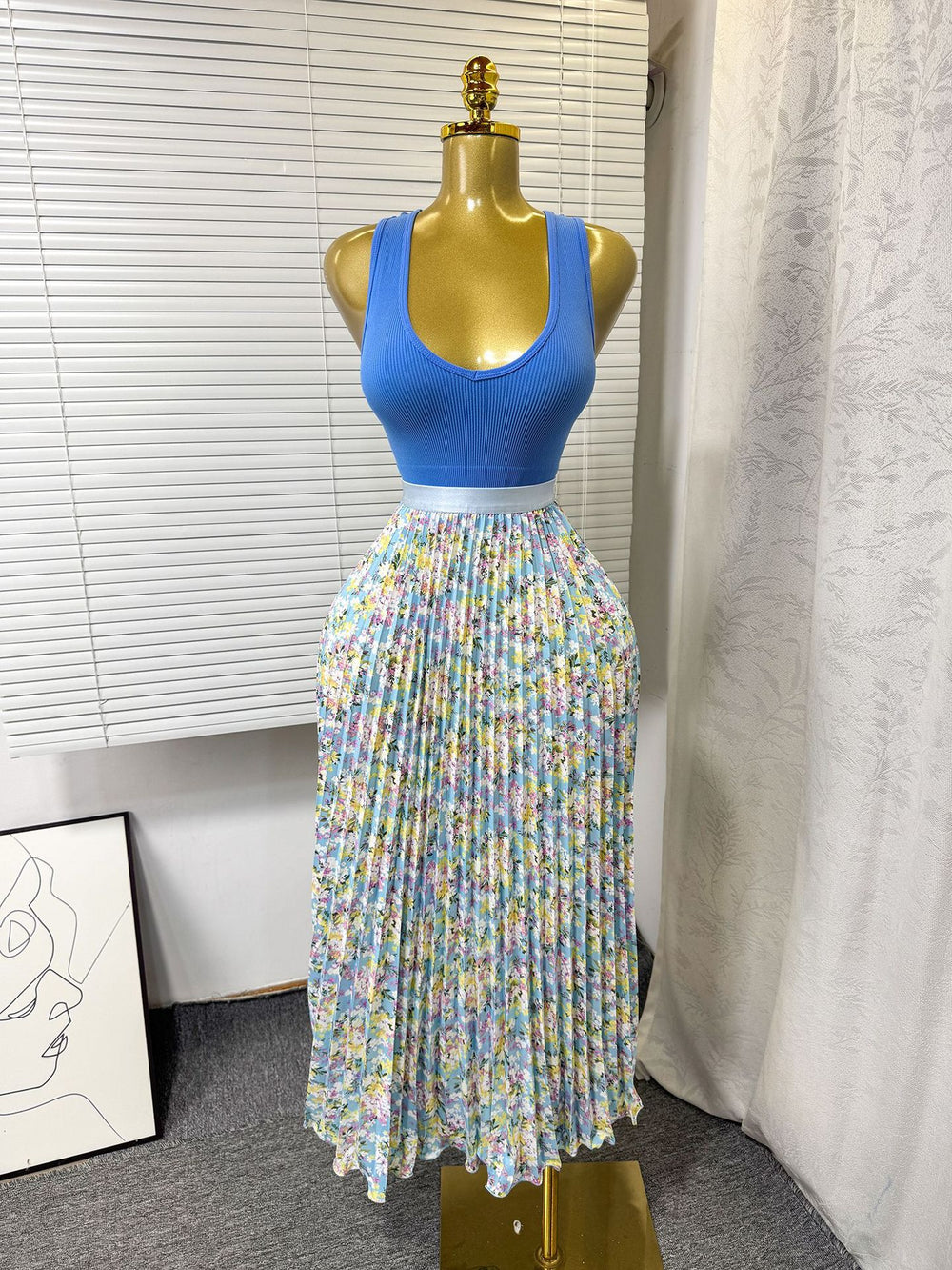 export 2026 summer new arrival: printed pleated a-line midi skirt with elastic waist and flared ruffle hem