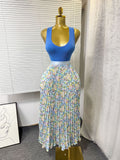export 2026 summer new arrival: printed pleated a-line midi skirt with elastic waist and flared ruffle hem