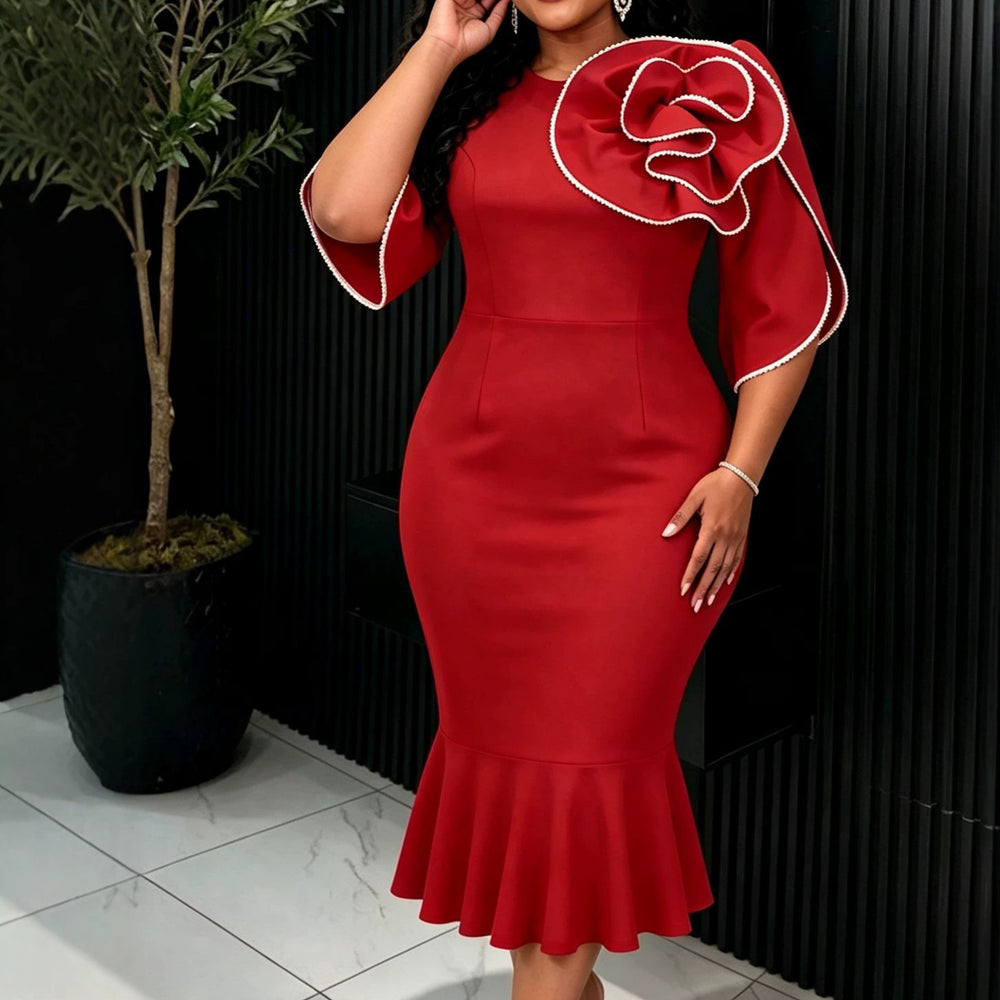 fashion red stereo flower dress ruffles waist silm banquet hip-covering mermaid dress dress