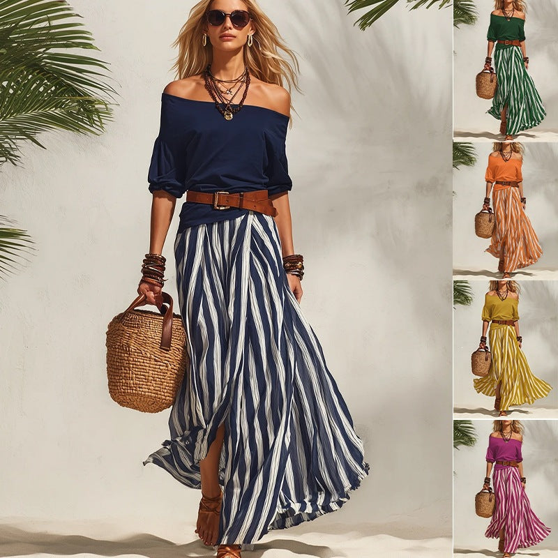 spring/summer new european and american cross-border nautical resort style off-shoulder top and slit skirt women's set