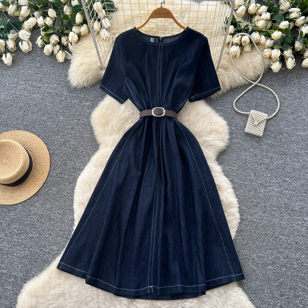 Korean style commute denim short-sleeve dress -  summer, elegant, versatile, high-waisted, cinched waist a-line skirt