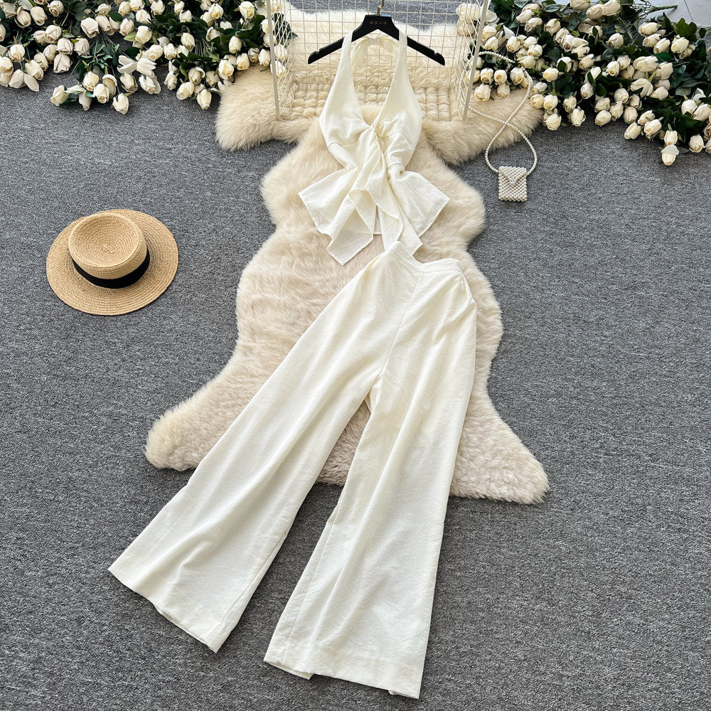 Light luxury work clothing style halter vest loose pantstwo-piece set women's summer big backless waist slimming lookfashionsuit