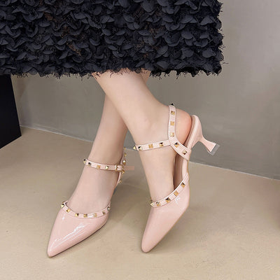 Summer women's new casualfashion style belt heeled sandals 2025 cut out studded women's pointed toe year high heels one word