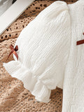 girls' autumn new arrival: bubble sleeve bow texture top + pu leather a-line skirt two-piece set