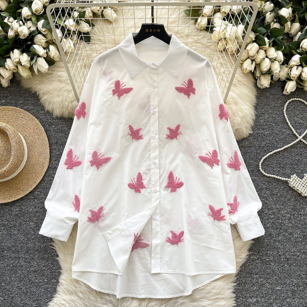 French chic heavy butterfly embroidery loose long sleeve blouse - women's spring premium style, age-defying, versatile, and slimming shirt