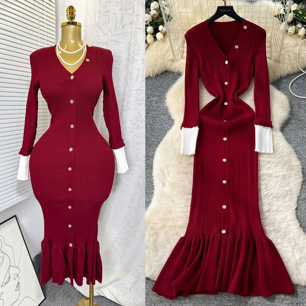 French retro chic v-neck metallic buckle color block long sleeve knit dress - slim fit mermaid maxi dress