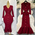 French retro chic v-neck metallic buckle color block long sleeve knit dress - slim fit mermaid maxi dress