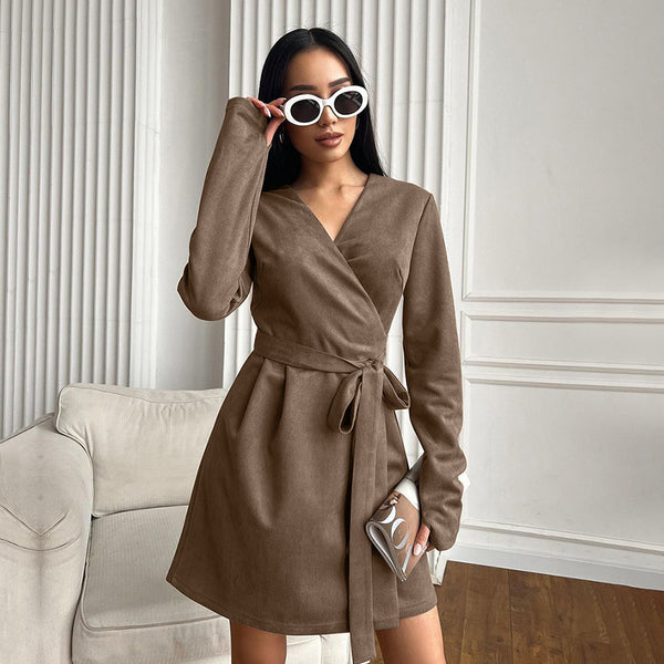 French light suede V-neck wrap dress 2024 autumn versatile brown lace-up long-sleeved A-shaped skirt women's clothing