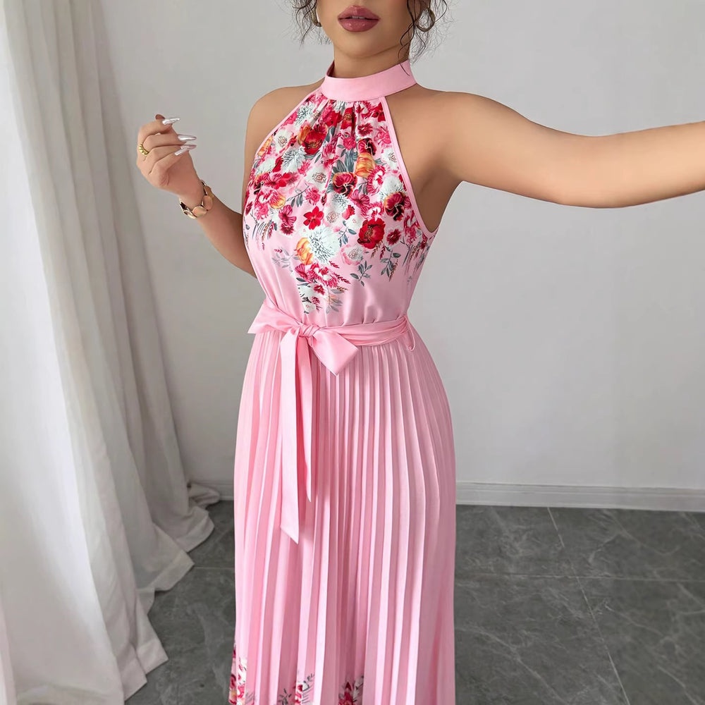 European and american cross-border women's summer  elegant halter neck tie waist floral print pleated maxi swing dress
