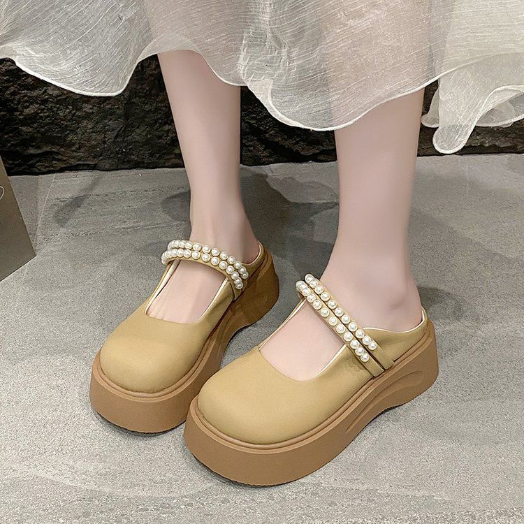 2025 spring/summer new french-style closed-toe mules - women's pearl-embellished platform mary jane slides, perfect for outdoor wear