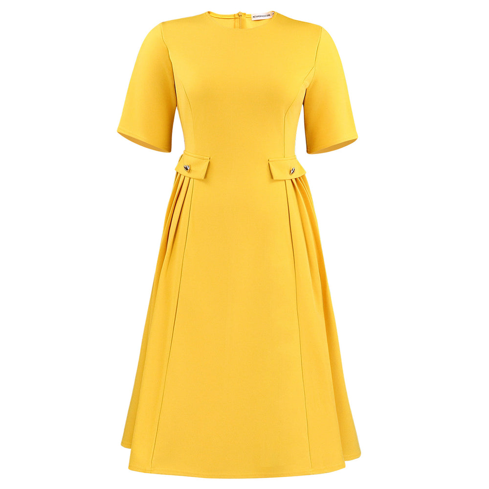 C8661 african women's clothing  summer new arrival: round neck short sleeve elegant solid color midi dress, european and american style