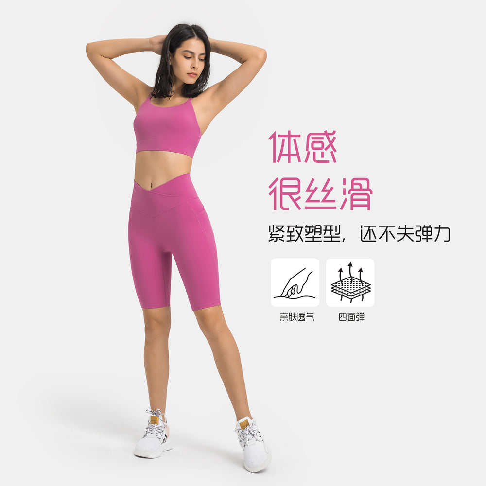 European and american style cross-waist athletic leggings for women, double side pockets, seamless (no t-line), high-elasticity, butt-lifting, 5-inch yoga pants dk197