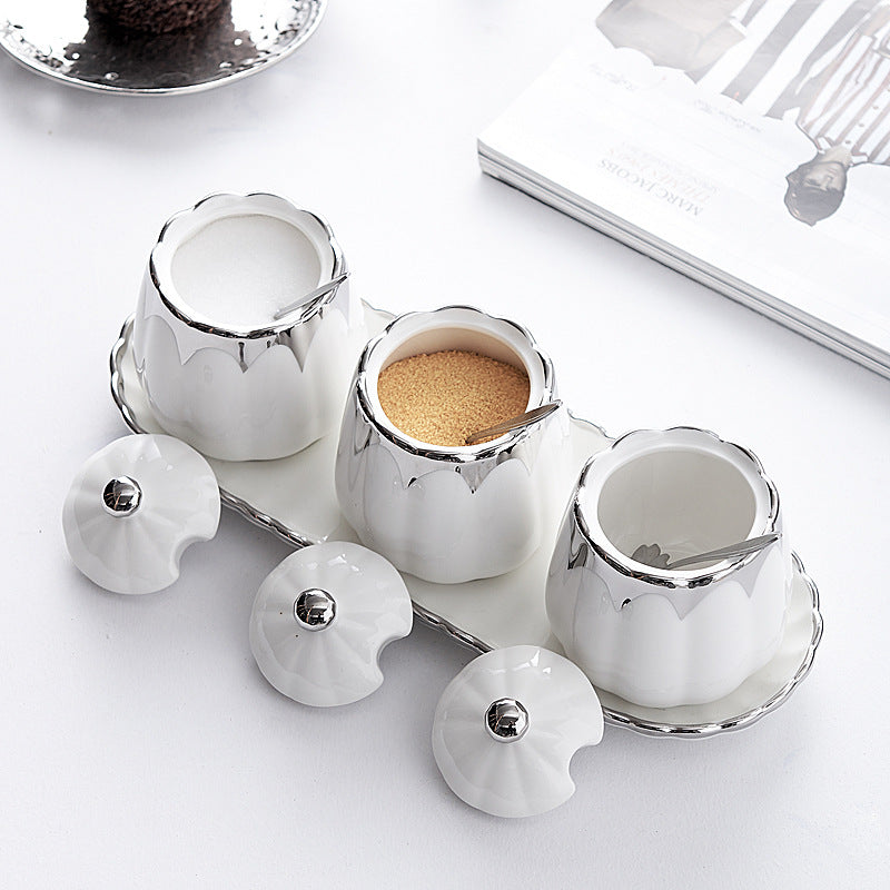 Creative ceramic seasoning jar set - kitchen salt shaker, spice bottle, and storage box - household msg and condiment organizer set