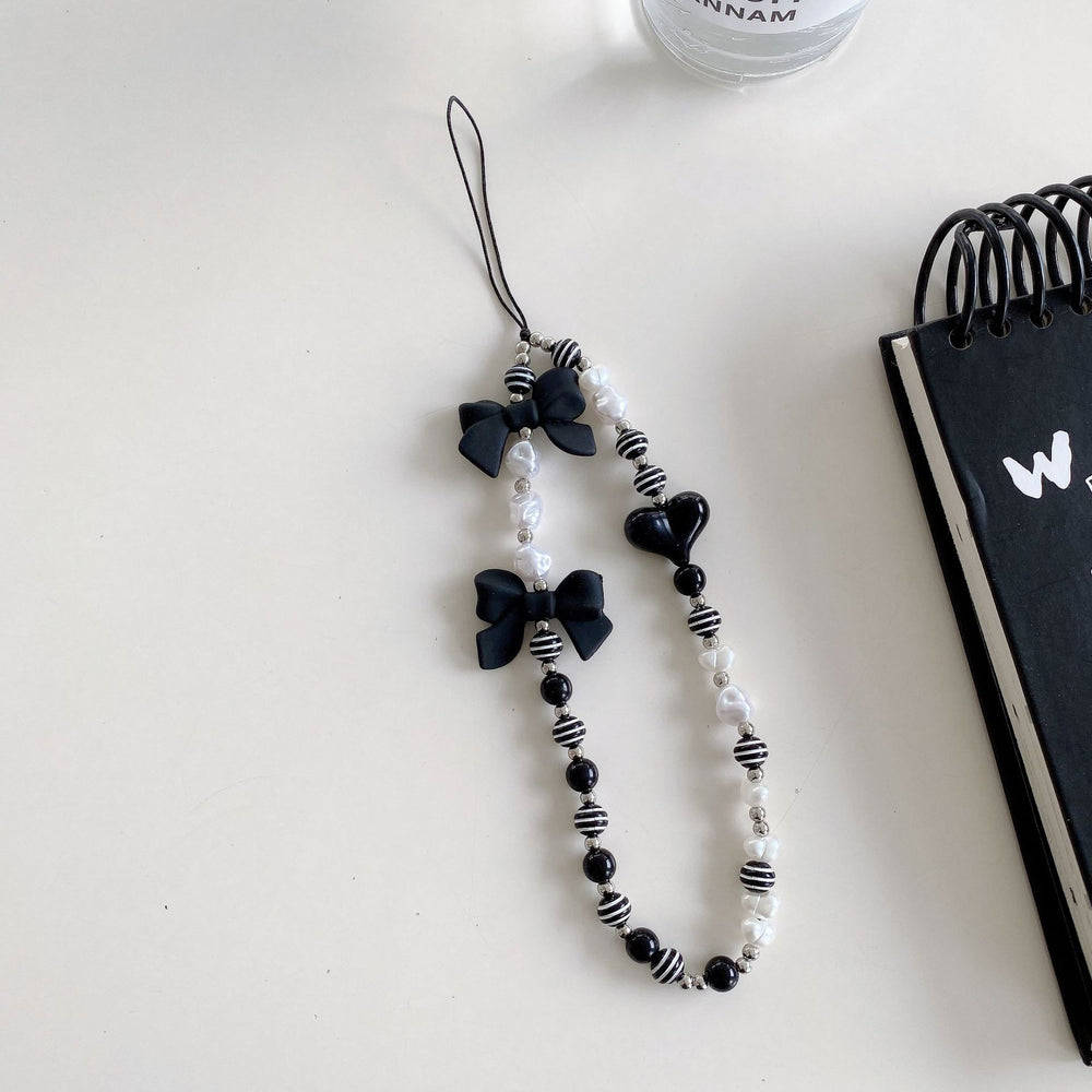 Minimalist crystal square electroplated heart bracelet with transparent star and bear charms, black and white bead phone case charm accessories