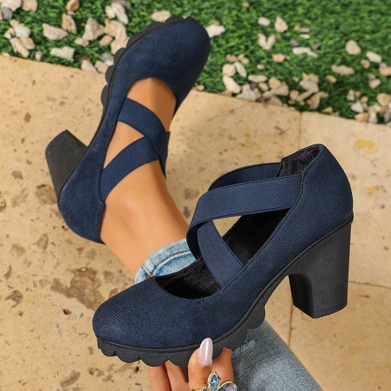 New  cross-strap round toe chunky heel pumps -  autumn women's low-cut high heel mary janes - size 43