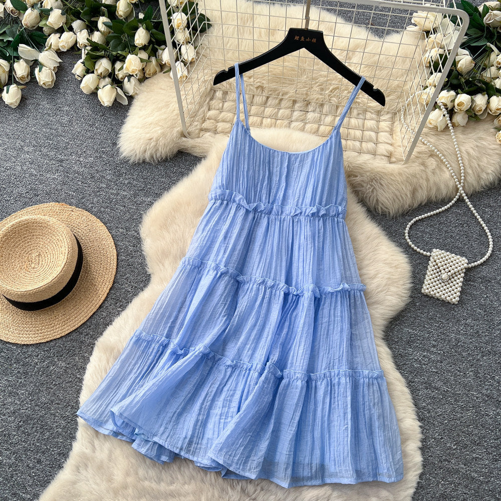Dopamine yellow ruffle trim cami dress - women's summer korean style cake dress - vacation look, slimming, petite friendly