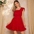 Shein independent station cross-border fashion: european and american style, fresh and elegant red dress - summer square neck high-waisted mini dress