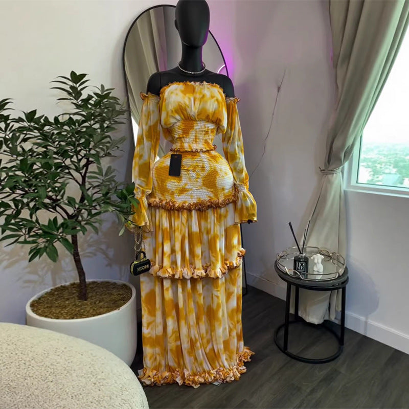 European and american cross-border women's fashion  summer new elegant printed off-the-shoulder ruched flared sleeve top and midi skirt set