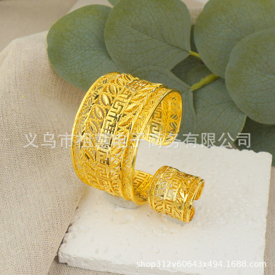 Middle eastern dubai luxury round adjustable gold plated women's bracelet and ring handmade jewelry wedding gift