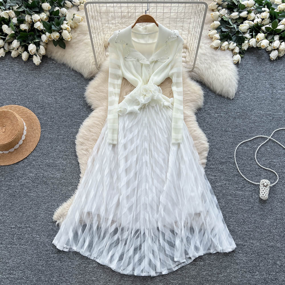 European and american fashion high-end elegant heavy beaded suit collar long sleeve cinched waist ruffle trim mesh panel dress for women
