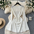 Korean style hollow-out knit crew neck dress - women's spring/summer long sleeve a-line dress - slim fit, commute-friendly, soft & elegant