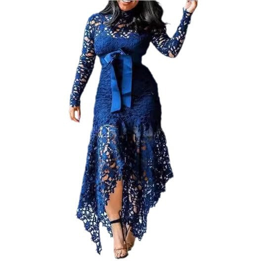 new european and american style women's export dress -  lace hollow-out long sleeve stand collar tie-up irregular dress in 5 colors