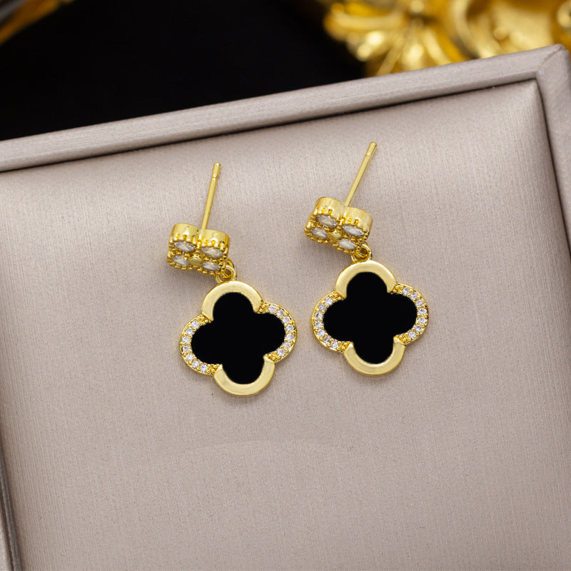 [titanium steel] micro-embedded four-leaf clover necklace and earrings set, high-end, accessible luxury, stylish, elegant earrings, clavicle chain jewelry