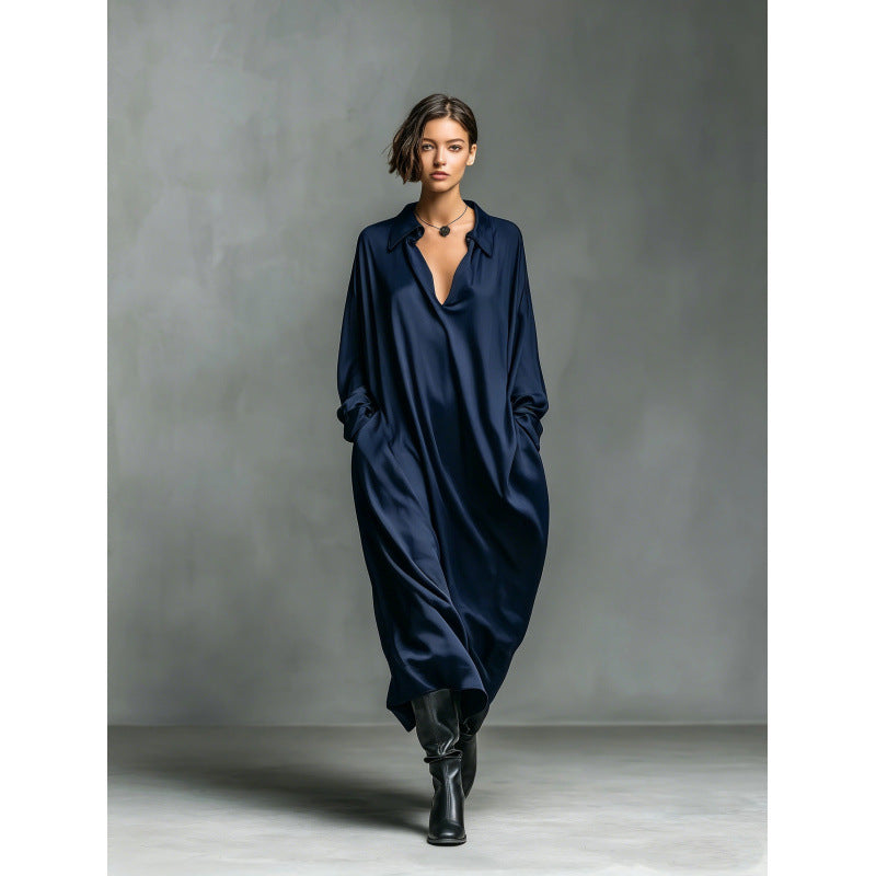 European and american cross-border new solid color satin long sleeve shirt dress