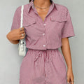 Shipped to europe and the us: -style striped, button-front, short-sleeved, cinched-waist jumpsuit for independent cross-border e-commerce stores