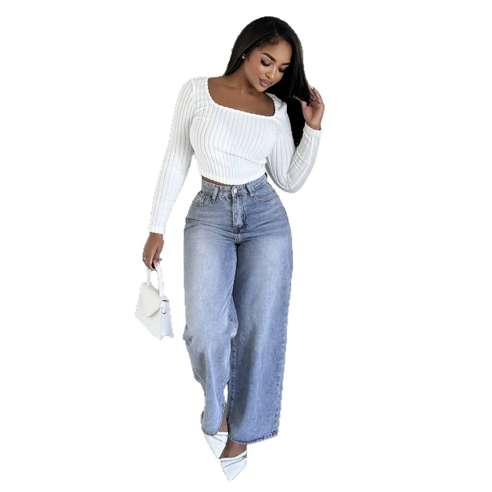 European and american style women's washed high-waisted wide-leg jeans - casual, loose-fit, cropped straight-leg denim pants