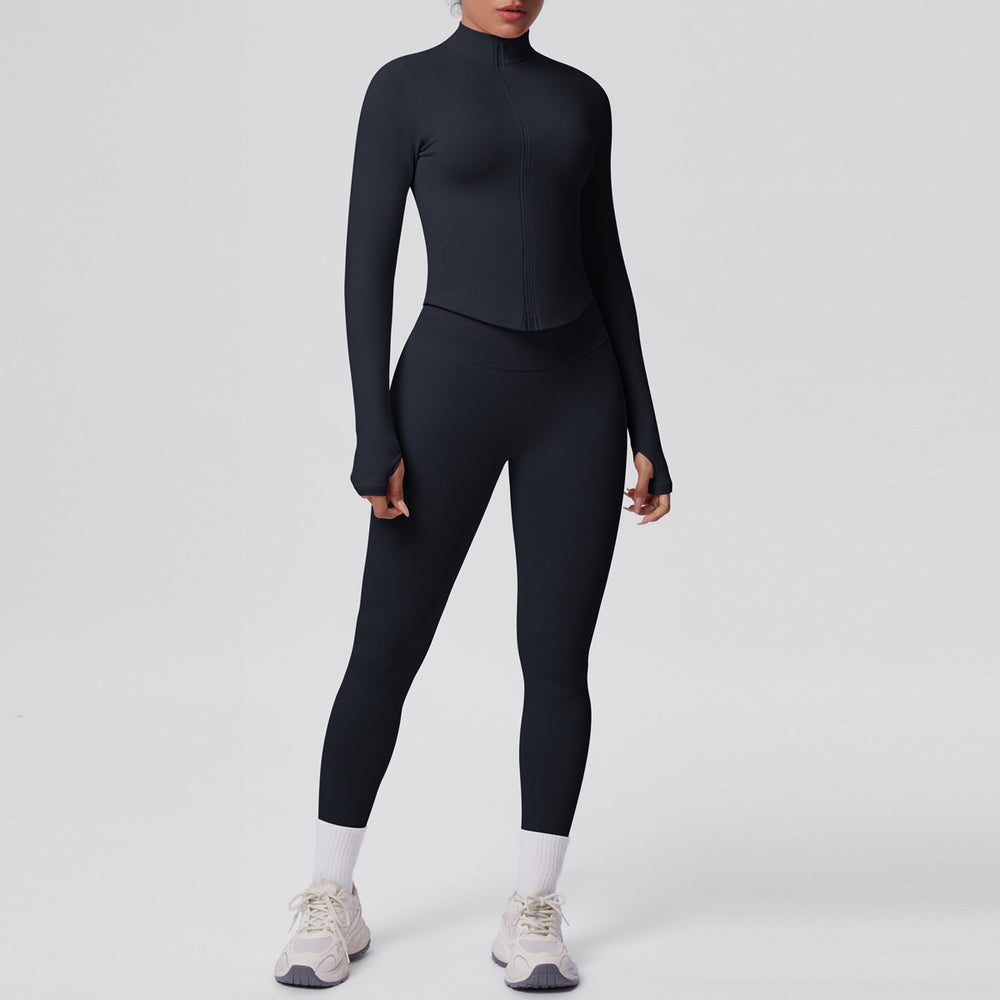 seamless pure color tight high elastic breathable zipper nine-point sports suit running fitness yoga suit two-piece set