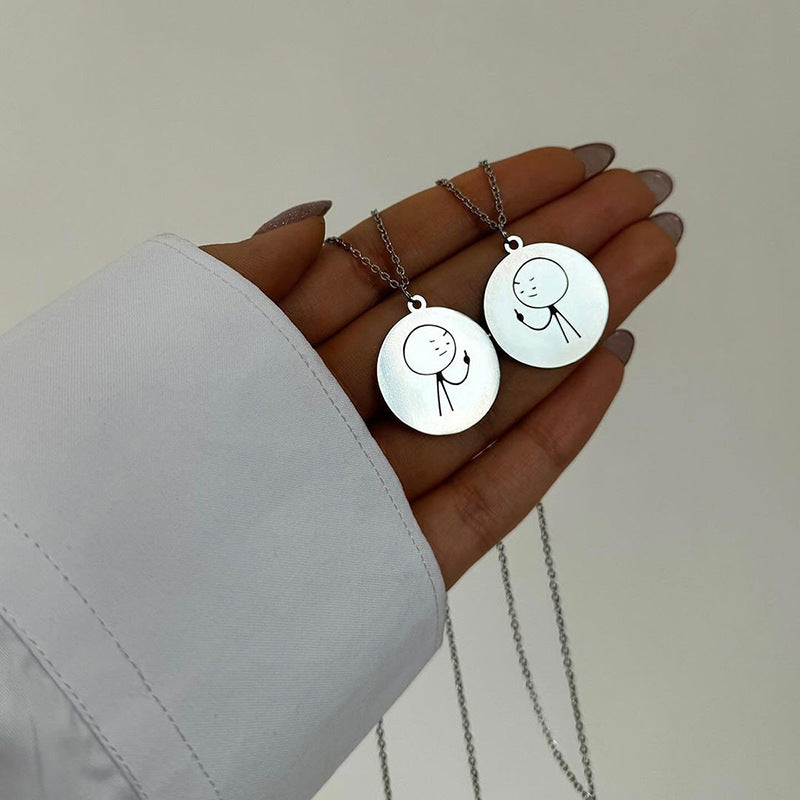 Wholesale couple necklaces: european and american cross-border fashion, minimalist round cartoon pendant, women's trendy and unique jewelry necklaces