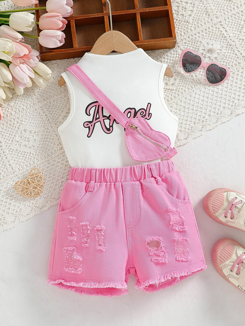 summer new arrival: high-neck ribbed sleeveless top + denim shorts set with exquisite denim heart bag - 3 piece set