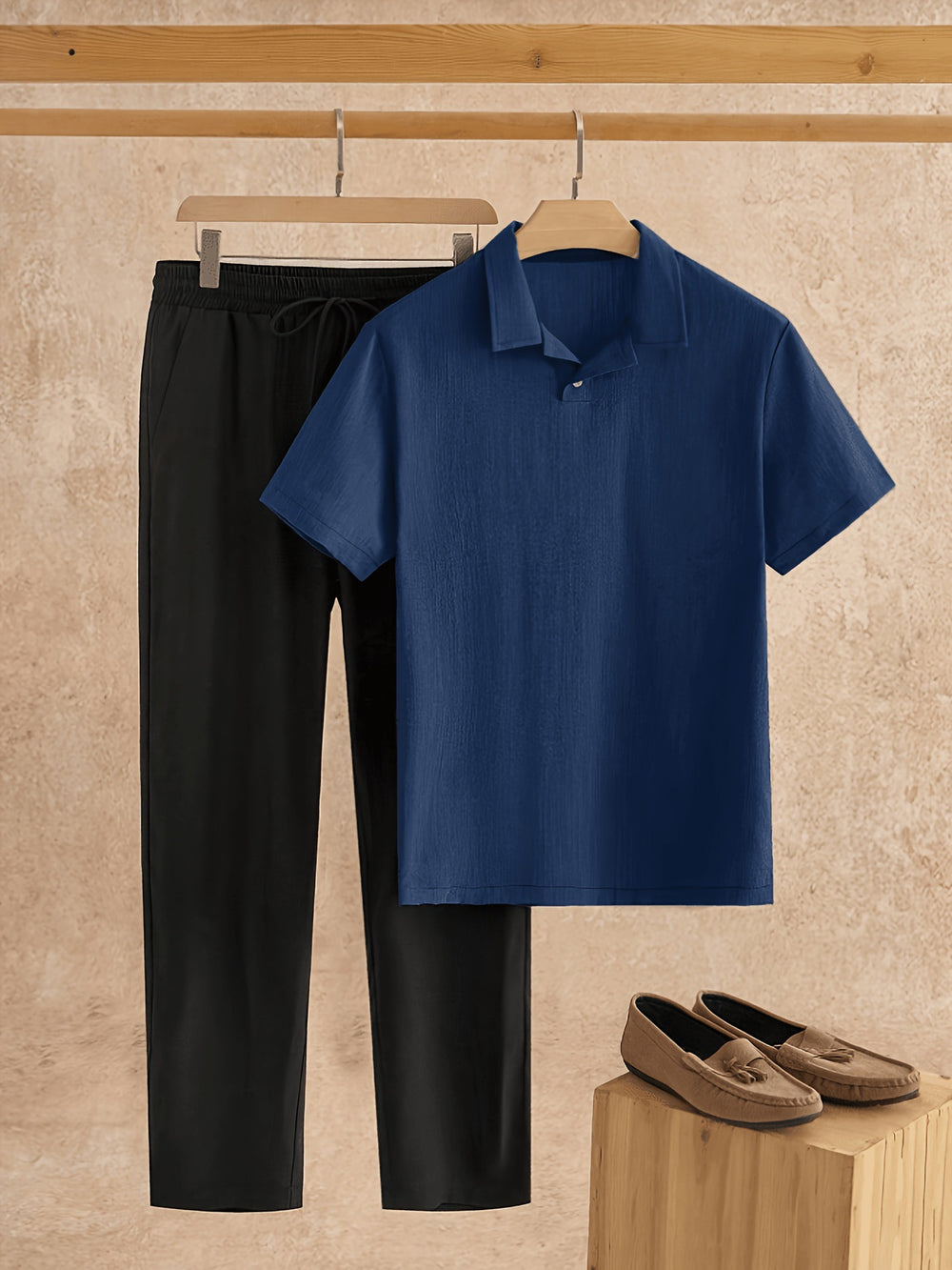 Men's summer linen-feel suit set: short-sleeve polo shirt + casual pants, versatile business two-piece outfit