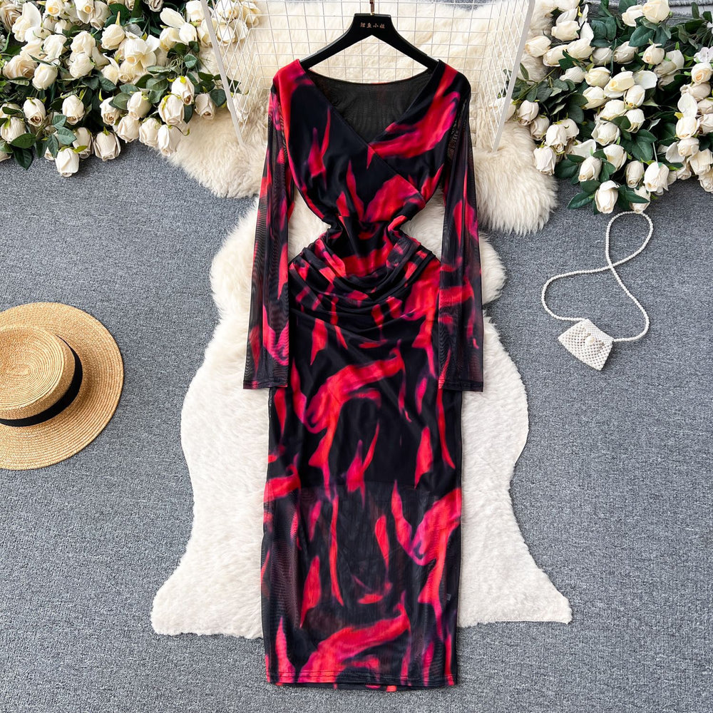Frenchclassy long sleevesv neck tie dye printing mesh dress women's autum thin tight slimming look hip skirt