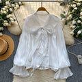 Korean style commute chic pink bow tie blouse - women's summer long sleeve ruffle trim loose fit solid color top