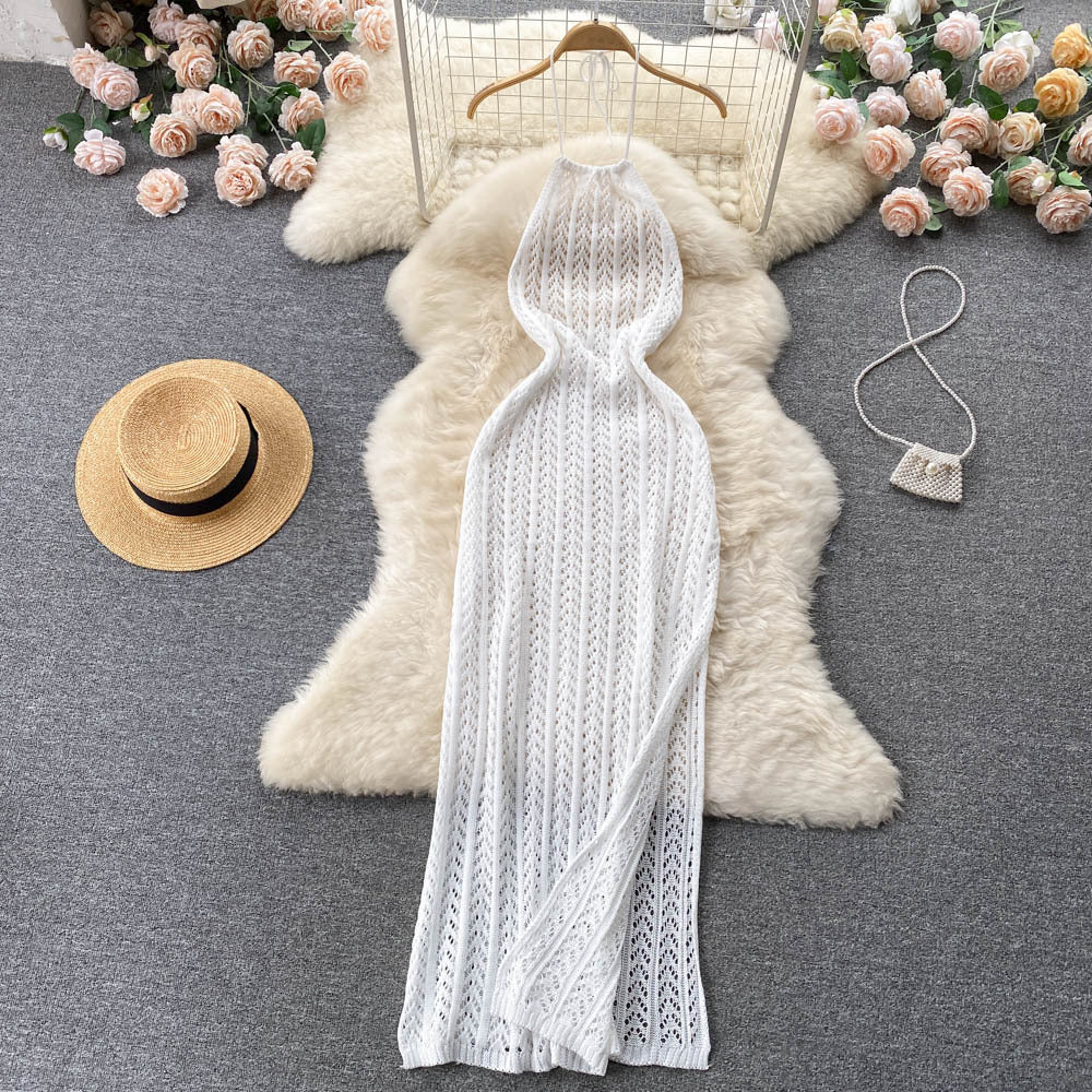 Niche style design classyeleganthalter sleeveless cut outknittingdress women's silm slit vacation dress