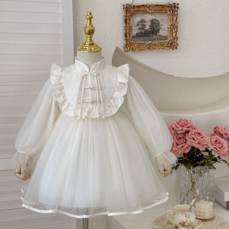 Girls' dress  spring new arrival: gentle, modern chinese style, single-breasted button, flared skirt, kids' birthday dress, trendy