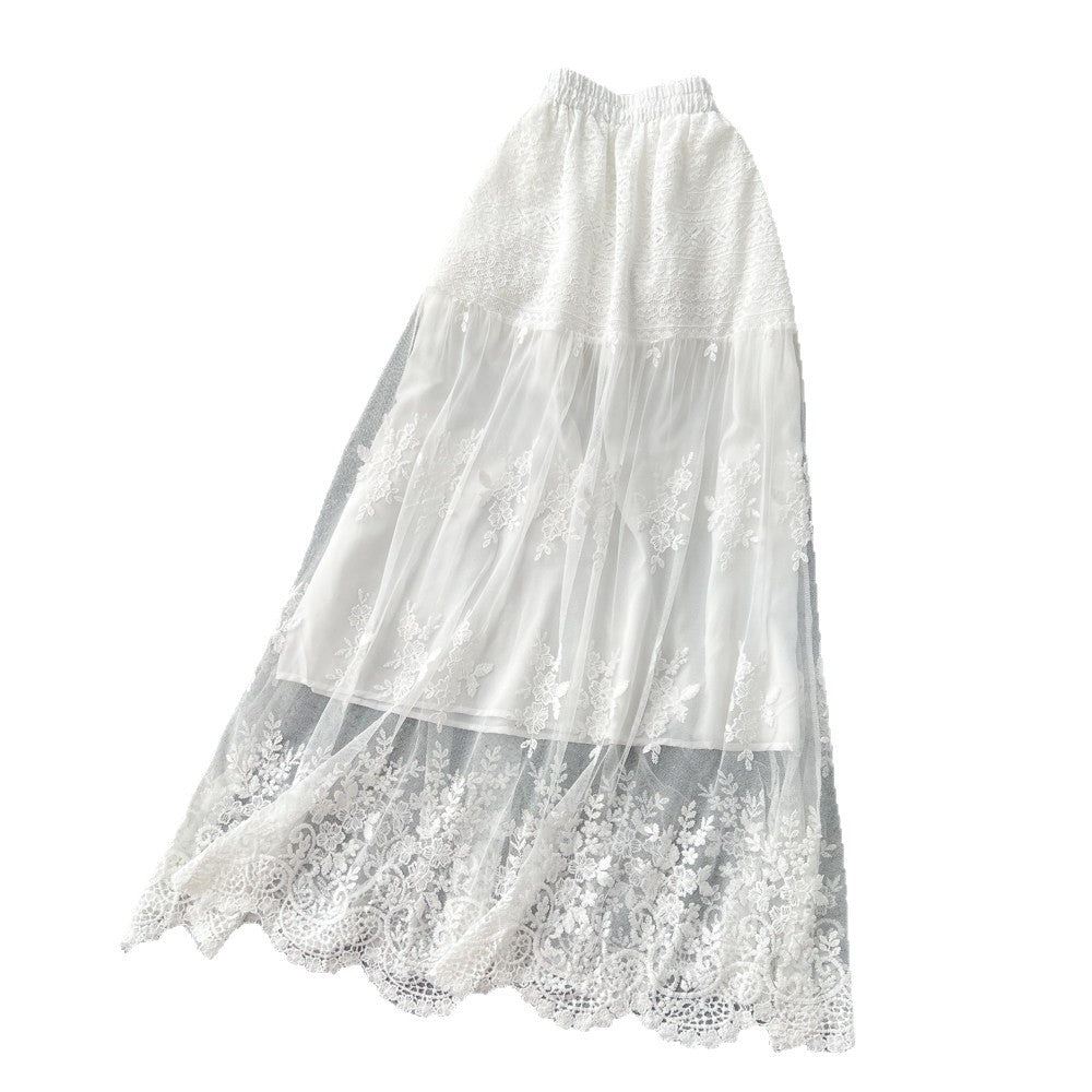 French chic embroidered lace patchwork a-line midi skirt - high waist, slimming, and versatile cake skirt