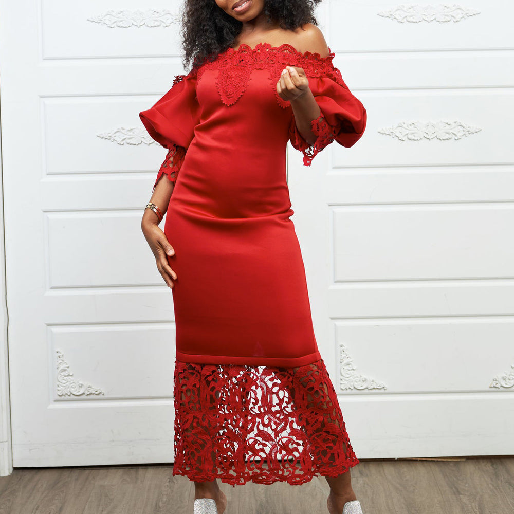 women's new one-line collar lacepatchwork banquet evening dress lantern sleeve ol bridesmaid dress exportdress