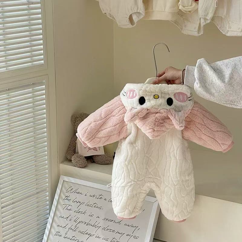 Infant winter cotton-padded romper, thickened baby girl's fleece-lined hooded jumpsuit, cute cartoon super adorable fuzzy sweater