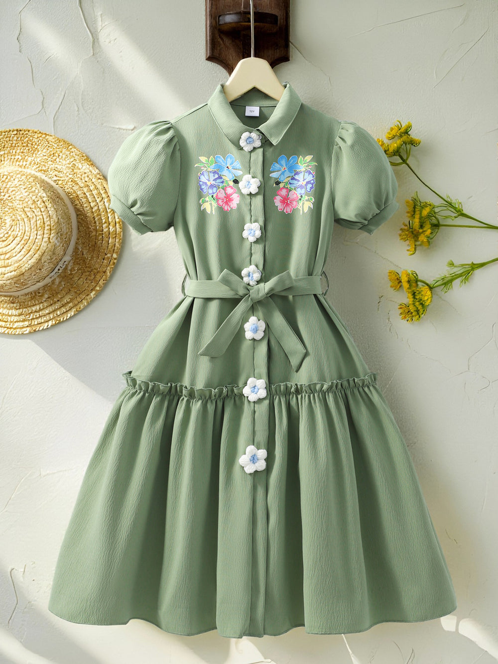 Girls' dress for toddlers and big kids, butterfly knot waist, floral button short sleeve dress