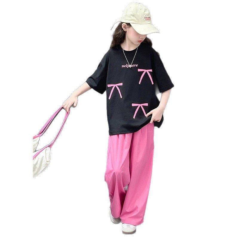 Summer kids' fashion bow t-shirt set: sweet & stylish short-sleeve top and loose-fit pants two-piece outfit for girls (sizes for mid-to-large children)