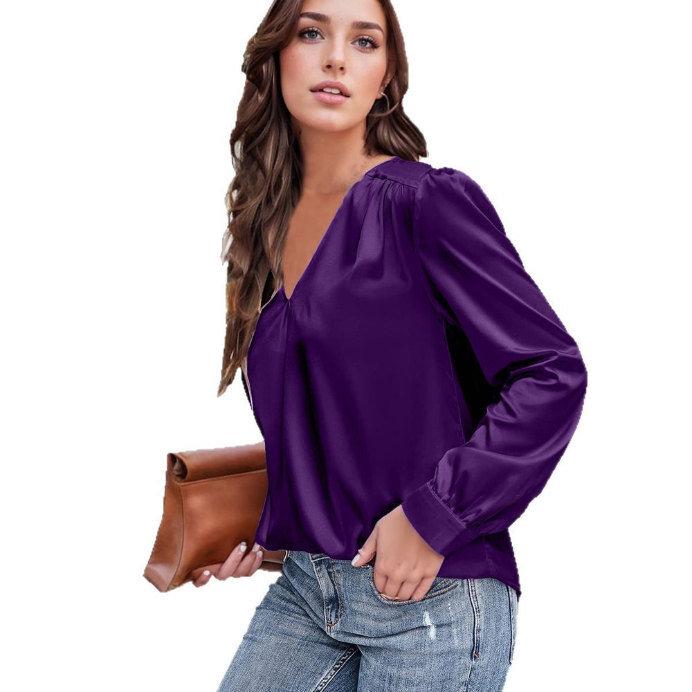 hot-selling women's satin ruched long sleeve top - v-neck casual loose satin commute blouse