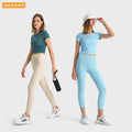 Spr ribbed micro-pleated waist short sports short-sleeved high-elastic naked-slim silmslimming look yoga topsds374