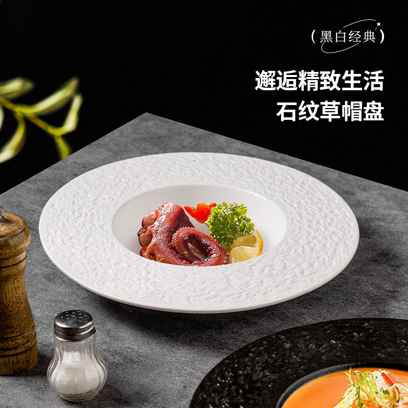 Hotel stylish rock pattern ceramic straw hat pasta plate restaurant for home high-looking ceramic soup plate classy sense of presentation