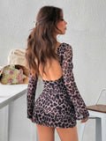 Tk  cross-border leopard print heart neck backless slim fit long sleeve dress party gown